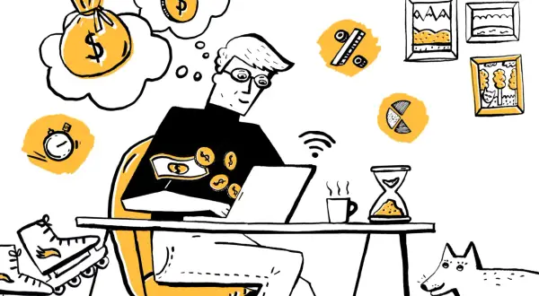 Człowiek myśli o pieniądzach, siedząc przy laptopie. Czy branie pożyczki tylko dla udziału w loterii wpływa na zdolność kredytową?