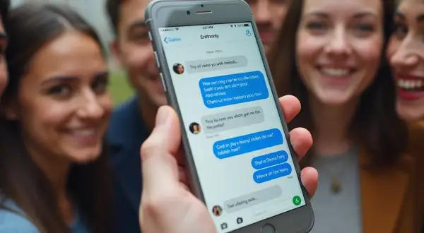 Dłoń trzyma smartfon z widocznym oknem czatu Messenger, na tle uśmiechniętych ludzi.
