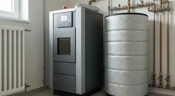 Nowoczesny piec na pellet i izolowany bufor do pieca na pellet, podłączone do instalacji grzewczej.