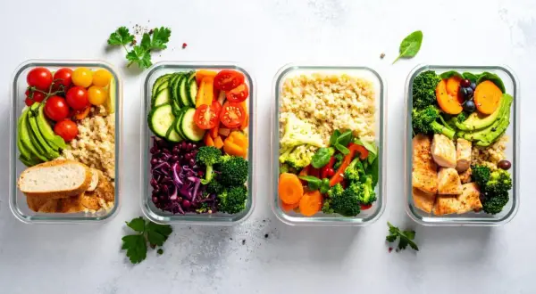 Vier Glasbehälter mit gesunden Mahlzeiten: Quinoa, Gemüse, Hähnchen und Brot. Perfekt für gesunde Kochrezepte zum Mitnehmen.