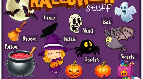 Ilustración de Halloween con vocabulario: bruja, murciélago, calabaza, fantasma, araña, escoba, caldero, cuervo, calavera, poción y dulces.