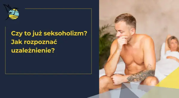 Mężczyzna siedzi na łóżku, zamyślony, z ręką przy ustach. W tle kobieta w łóżku.