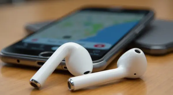 Białe słuchawki AirPods leżące obok telefonu z mapą na ekranie.