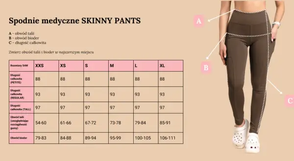 Tabela rozmiarów spodni medycznych skinny. Rozmiar 28 spodnie damskie jaki to rozmiar? Sprawdź obwód talii i bioder.