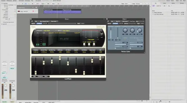 Wtyczka LexPlate w Logic Pro symuluje pogłos, pokazując parametry takie jak czas pogłosu. Reverb co to? To efekt przestrzenny.