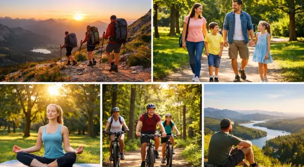 Outdoor to aktywność na świeżym powietrzu: wędrówki po górach, spacery z rodziną, joga w parku, jazda na rowerze i podziwianie widoków.