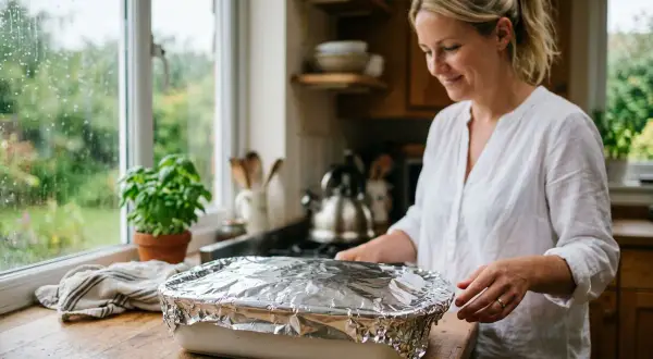 Kobieta w kuchni przygotowuje danie w naczyniu przykrytym folią aluminiową. Za oknem deszcz.