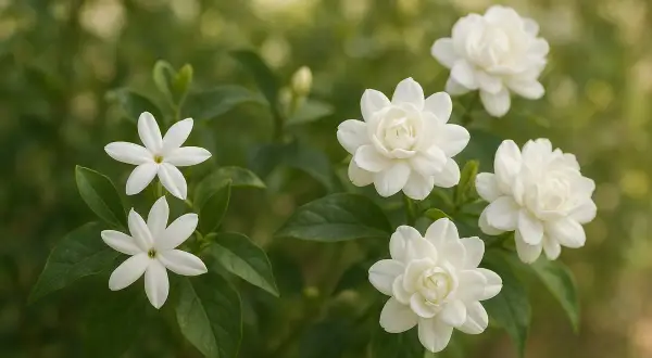 Fleurs blanches de jasmin épanouies sur une plantation luxuriante. Le parfum doux embaume l'air.