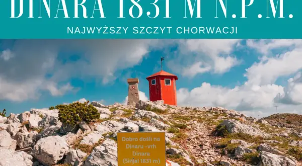 Szczyt Dinara, najwyższy szczyt w Chorwacji, z charakterystyczną czerwoną budką i znakiem informującym o wysokości 1831 m.