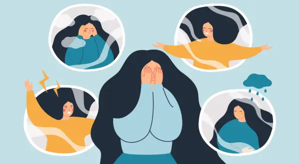 Kobieta z zakrytymi twarzą, otoczona przez kręgi z różnymi emocjami: smutek, złość, radość, przygnębienie. Ilustracja symbolizuje drgawki dysocjacyjne.