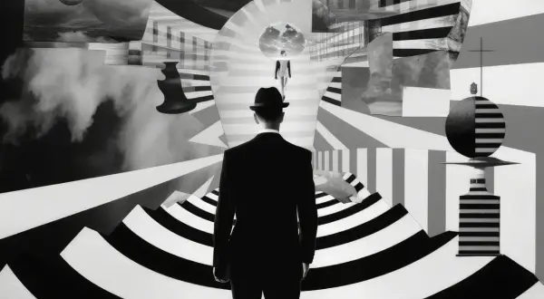 Mężczyzna w kapeluszu wchodzi w surrealistyczny labirynt. Obraz w stylu trompe l'oeil, pełen geometrycznych wzorów i iluzji.