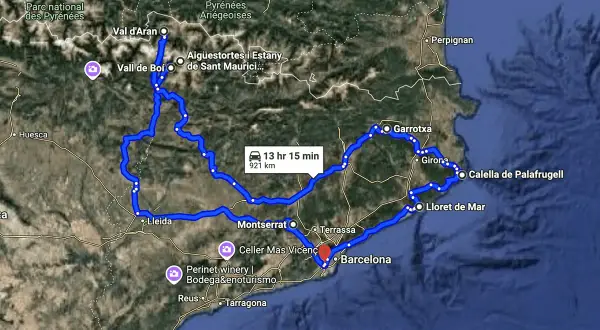 Route für **Barcelona 3 Tage**: Von den Pyrenäen über Montserrat und die Küste bis nach Girona. 921 km, 13h 15min Fahrzeit.