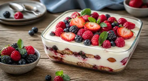 Ein köstliches Tiramisu ohne Ei, geschichtet mit Beeren und Sahne, garniert mit frischen Früchten und Minze.