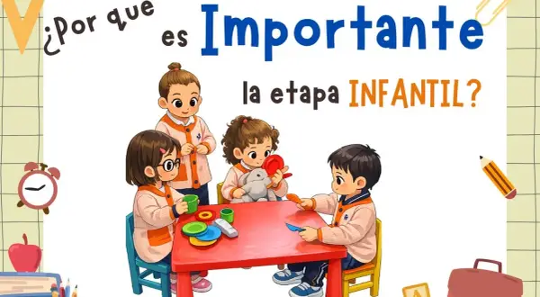 Cuatro niños en el colegio aprenden y juegan juntos en una mesa roja. La imagen resalta la importancia de la etapa infantil.