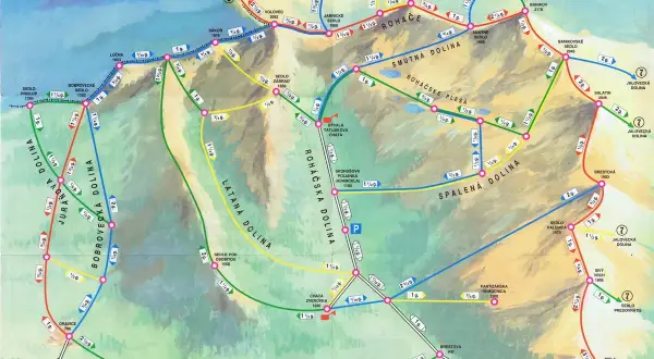 Mapa turystyczna Tatr Słowackich, ukazująca najpiękniejsze szlaki w Tatrach Słowackich, z zaznaczonymi dolinami i szczytami.