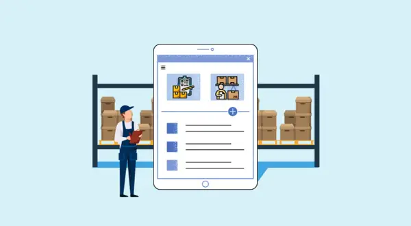 Trabajador con portapapeles frente a estanterías con cajas. Tablet muestra iconos de gestión del inventario y lista de tareas.