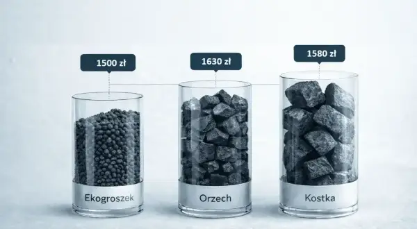 Porównanie cen węgla: ekogroszek za 1500 zł, orzech za 1630 zł, kostka za 1580 zł.
