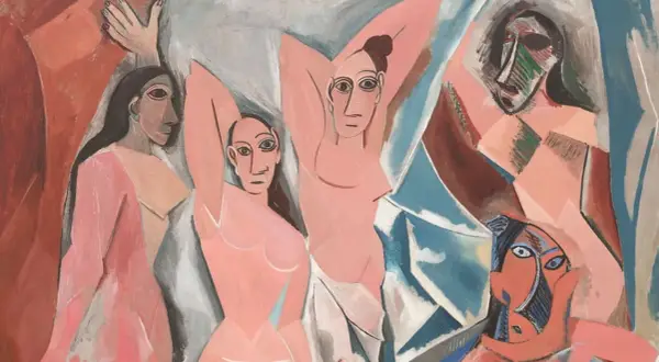 Portret Gertrudy Stein w stylu kubistycznym, z wieloma postaciami i geometrycznymi kształtami.