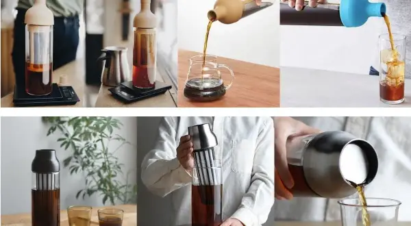 Olika sätt att brygga och servera kallbryggt kaffe. En flaska med filter för kallbryggt kaffe.