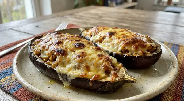 Dwa połówki pieczonego bakłażana z pysznym, ciągnącym się serem i aromatycznym nadzieniem.
