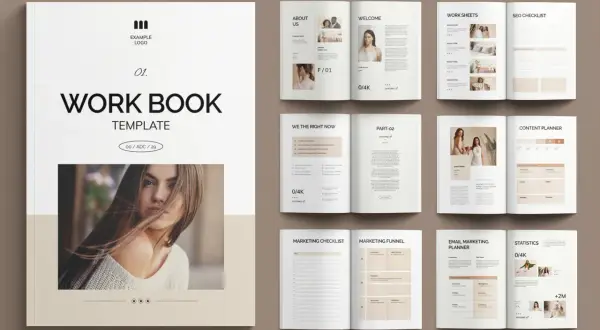A clean indesign booklet template featuring a cover with a woman's portrait and interior pages with sections like "About Us," "Welcome," "Work Sheets," and "Content Planner.