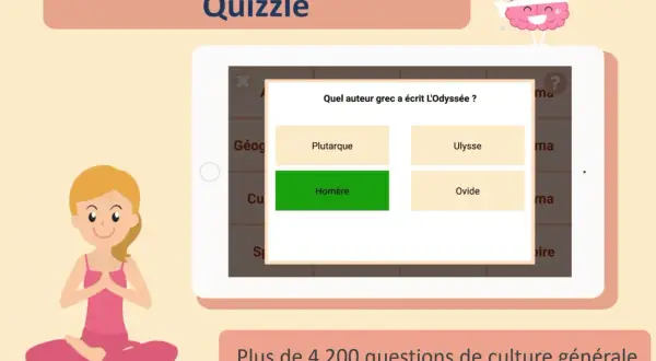 Exemple d'animation pour personnes âgées : une tablette affiche un quiz sur l'Odyssée, avec une jeune femme en posture de yoga à côté.