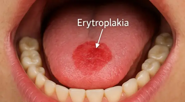 Czerwone plamy na języku, jedna z nich oznaczona jako erytroplakia, widoczna w jamie ustnej z zębami.