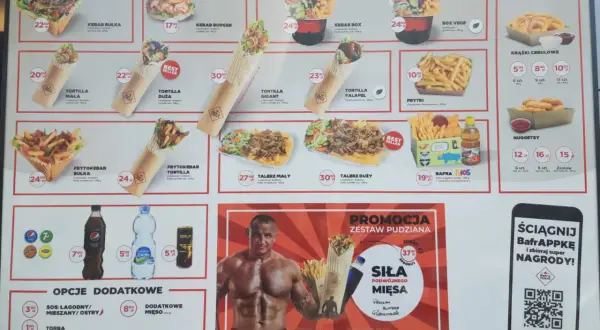 Menu Bafra Kebab: tortille, frytki, boxy, talerze, nuggetsy, krążki cebulowe. Promocja zestaw pudziana z mięsem.