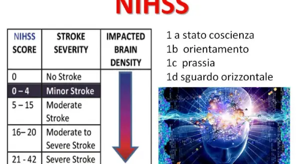 Tabella NIHSS per valutare il punteggio invalidità per ischemia cerebrale, da 0 (nessun ictus) a 42 (ictus grave).