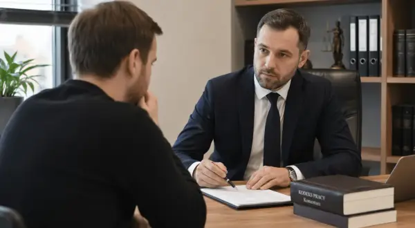 Prawnik omawia z klientem, co grozi za mobbing w pracy. Na biurku Kodeks Pracy.