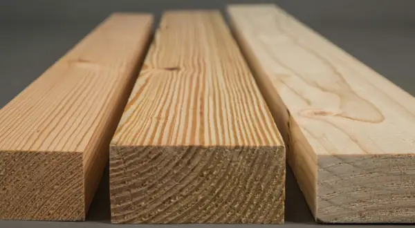 Tres tablones de diferentes tipos de madera de pino, mostrando sus vetas y nudos característicos.