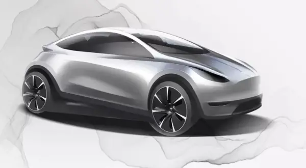 Srebrny szkic Tesli Model 2, futurystyczny samochód elektryczny z aerodynamiczną sylwetką i stylowymi felgami.