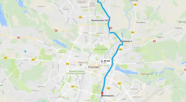 Trasa rowerowa przez Poznań, od Stawów Moraskich do Hetmańskiej, z zaznaczoną wartostradą.