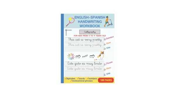 Plantillas caligrafía para niños de 5 a 9 años, con frases en inglés y español para practicar escritura y pintura.