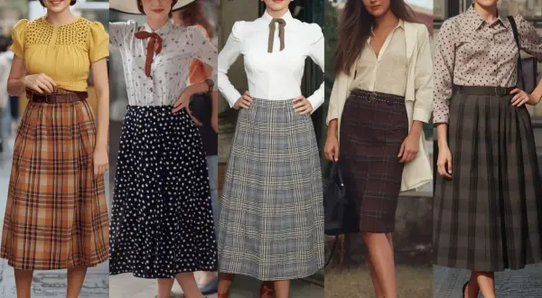 Pięć kobiet w stylizacjach inspirowanych modą retro. Jedna z nich ma na sobie sukienkę w kratę, przypominającą styl hipiski.
