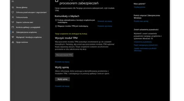 Ustawienia Zabezpieczeń Windows: rozwiązywanie problemów z procesorem zabezpieczeń, czyli modułem TPM. Komunikaty o błędach i opcje czyszczenia modułu TPM.