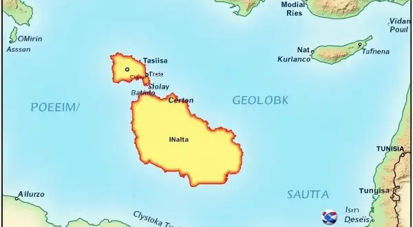 Mapa pokazuje, gdzie leży Malta, wyspa na Morzu Śródziemnym, między Włochami a Tunezją.