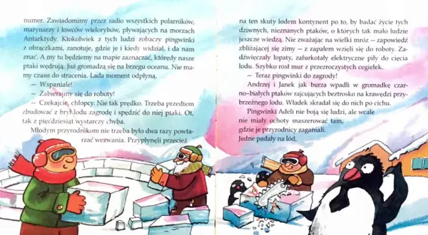 Ilustracja przedstawia ludzi budujących zagrodę z lodu dla pingwinów.