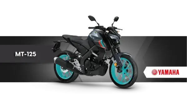 Szary motocykl Yamaha MT-125 z turkusowymi felgami, idealny na pierwsze **a1 prawo jazdy**.