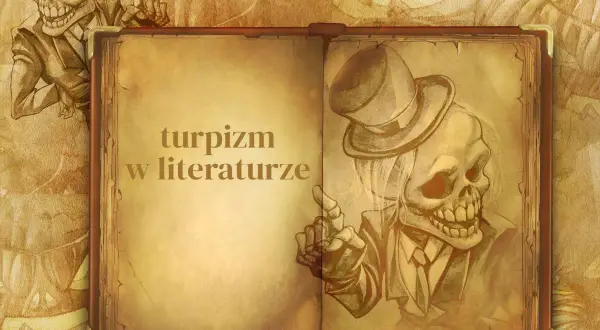 Otwarta księga z tekstem "turpizm w literaturze". Po prawej szkic szkieleta w cylindrze i garniturze, po lewej inny szkielet.