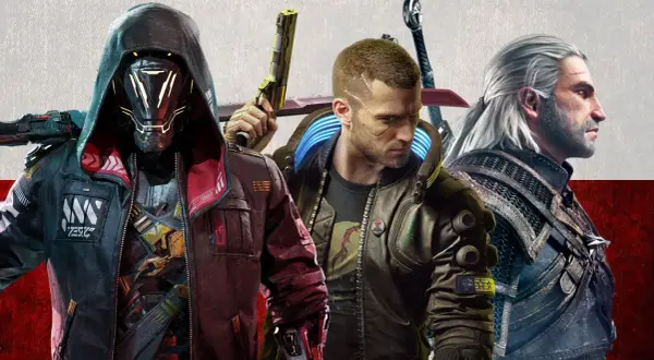Trzech bohaterów z najlepszych polskich gier: V z Cyberpunk 2077, Geralt z Wiedźmina i postać z nieznanej gry.