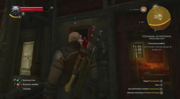 Geralt szuka schematów do arcymistrzowskiego rynsztunku kota w zrujnowanej posiadłości.