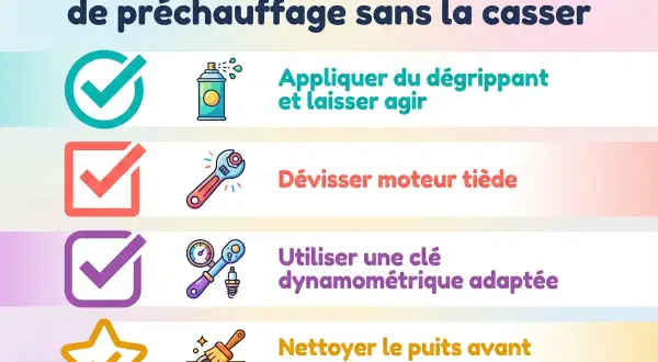 Checklist pour changer une bougie de préchauffage : appliquer dégrippant, dévisser moteur tiède, utiliser clé dynamométrique, nettoyer puits.