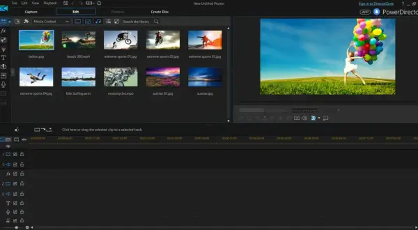 Interfejs programu PowerDirector z widokiem biblioteki multimediów i podglądem wideo. Użytkownik przygotowuje projekt, wybierając klipy.