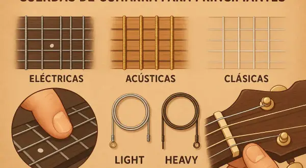 Ilustración muestra las cuerdas de guitarra eléctrica, acústica y clásica. También se ven cuerdas "light" y "heavy".