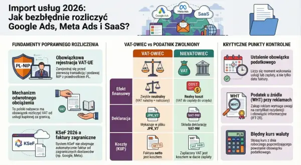 Import usług 2026: rozliczenie Google Ads, Meta Ads i SaaS. Kluczowe punkty kontrolne, VAT-owiec vs zwolniony, mechanizm odwrotnego obciążenia.