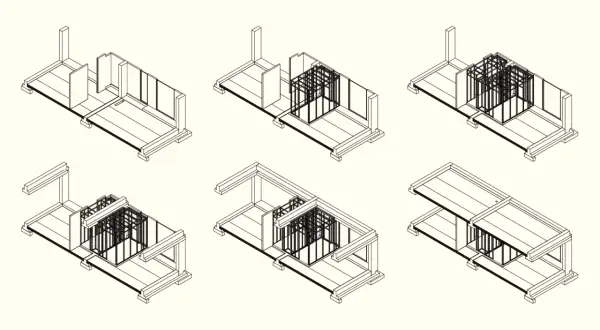Diagrama de montaje de cabinas de baño prefabricadas, mostrando la estructura y la adición de módulos.