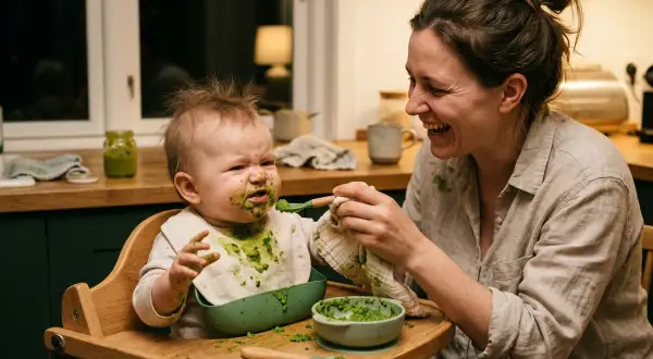 En glad mamma matar en grönfläckig broccoli bebis som ser lite skeptisk ut.