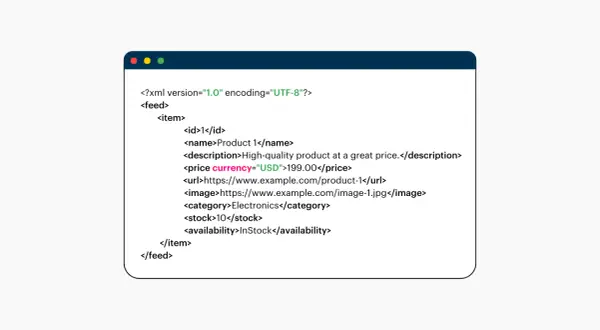 Fragment kodu xml opisujący produkt: ID, nazwę, cenę, URL, obraz, kategorię, stan magazynowy i dostępność.