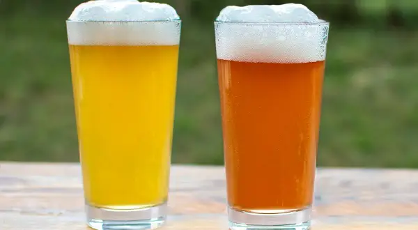 Due bicchieri di birra, una chiara e una ambrata, con schiuma abbondante. La traduzione di "pale ale" è birra chiara.